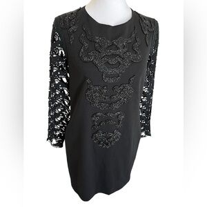 RARE Vivienne Tam Beaded Dragon Mini Dress Crochet Long Sleeve Black Small S